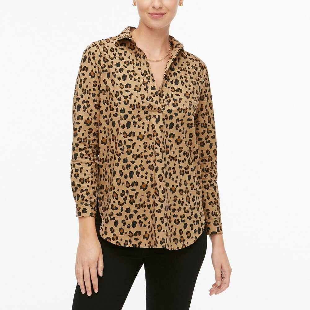 J. Crew Women Cotton Blend Animal Print Popover Top Long Sleeve Blouse Size M